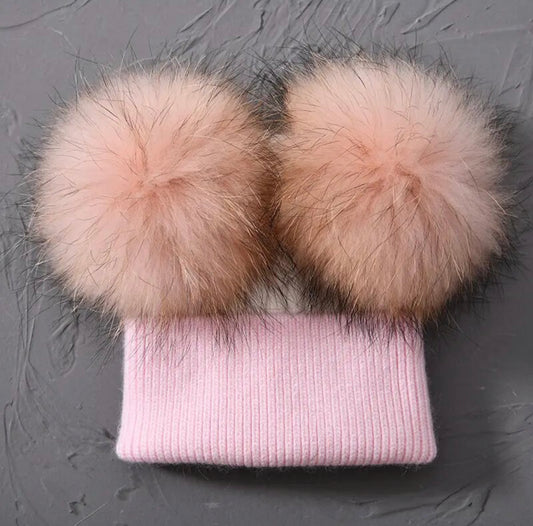 Pink & White Two Toned Double Pom // Beanie